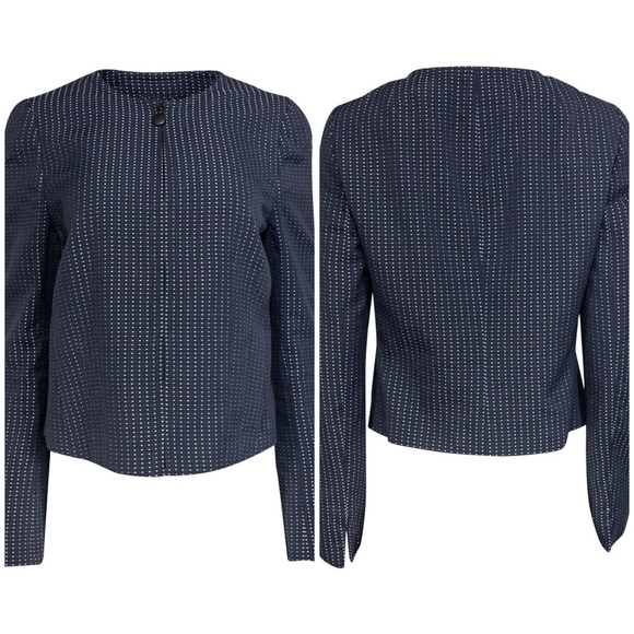 Akris Punto Slate Blue Cotton Blend Full Zip Jacket White Polka Dots Size 12 - Picture 1 of 12